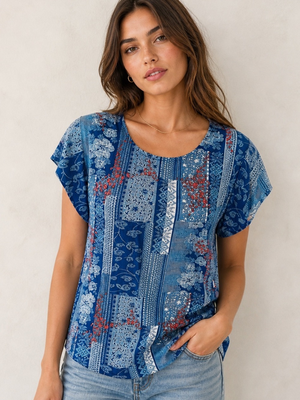 Feathers by Tolani Blue Floral Patchwork Modal Blouse Small Boho
